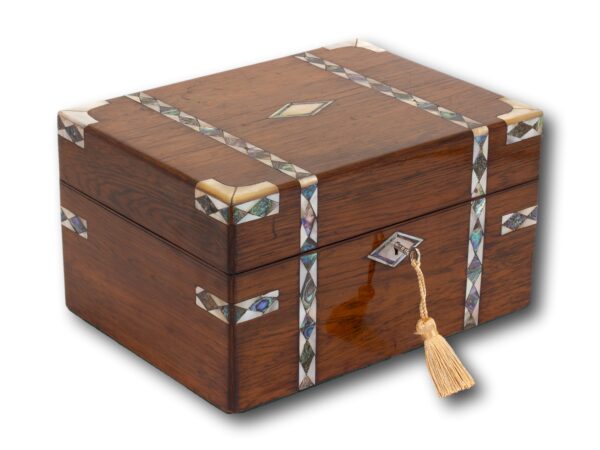 Front overview of the Rosewood and Mother of Pearl Jewellery Box with the key fitted