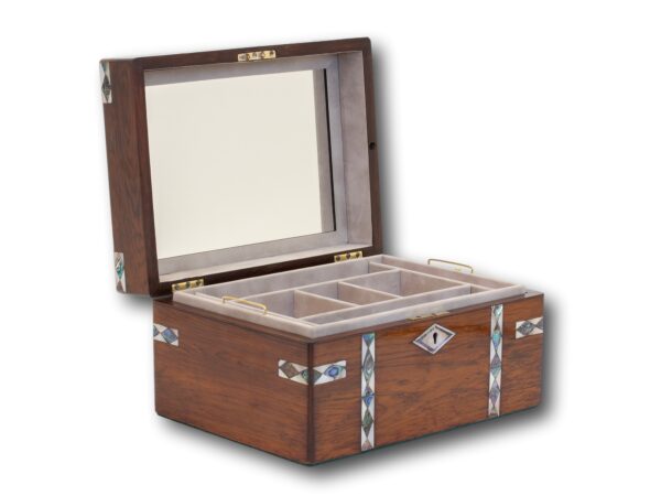 Front overview of the Rosewood and Mother of Pearl Jewellery Box with the lid up