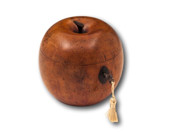 Front overview of the Antique Apple Fruit Tea Caddy with the key fitted