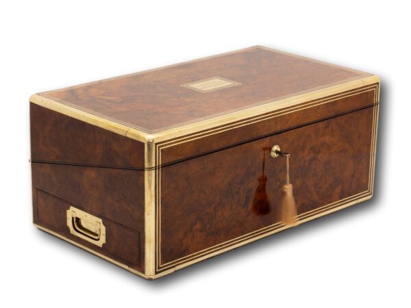 Front overview of the Antique Burr Walnut Writing Box with the key fitted