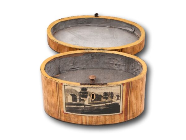 Front overview of the Antique Oval Spa Tea Caddy with the lid up