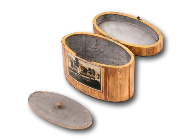 Front overview of the Antique Oval Spa Tea Caddy with the lid up and caddy lid removed