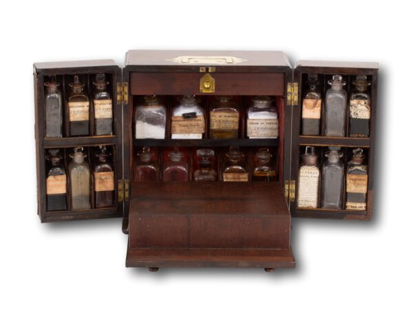 Front of the Mahogany Apothecary Cabinet with the doors open and front dropped down