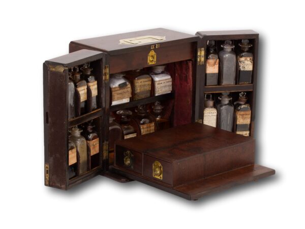 Front overview of the Mahogany Apothecary Cabinet fully open