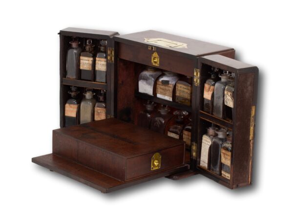 Front overview of the Mahogany Apothecary Cabinet fully open