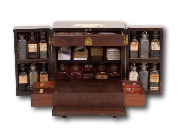 Front overview of the Mahogany Apothecary Cabinet fully open including the drawers