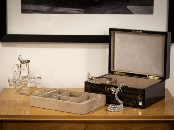 Overview of the Coromandel and Mother of Pearl Jewellery Box in a lifestyle shot