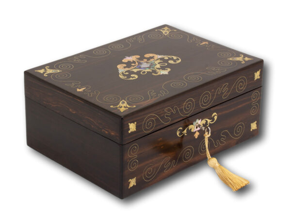 Front overview of the Coromandel and Mother of Pearl Jewellery Box with the key fitted