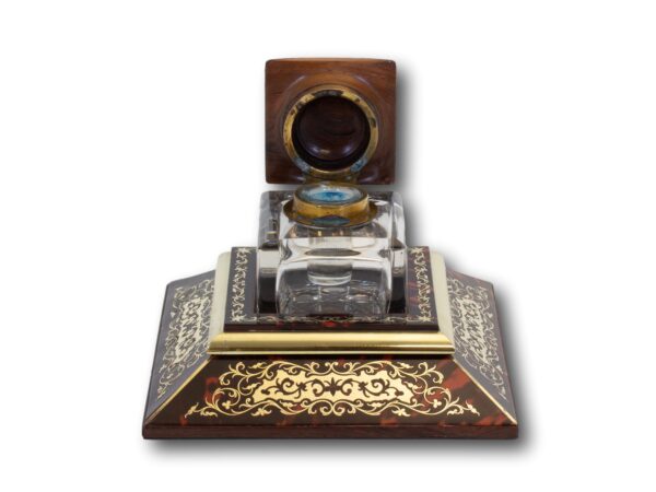 View of the English Boulle Inkwell by JC Vickery with the lid upo