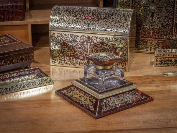 View of the English Boulle Inkwell by JC Vickery in a collectors setting