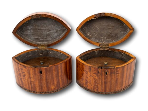 Front of the Georgian Pair of Satinwood Tea Caddies with the lids up