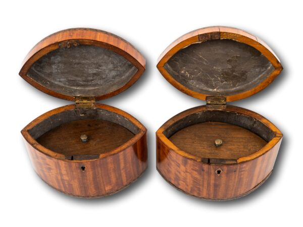 Front of the Georgian Pair of Satinwood Tea Caddies with the lids up