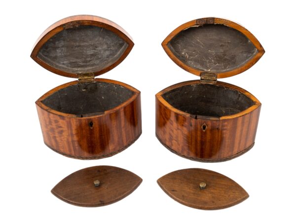 Front of the Georgian Pair of Satinwood Tea Caddies with the lids up and floating lids removed