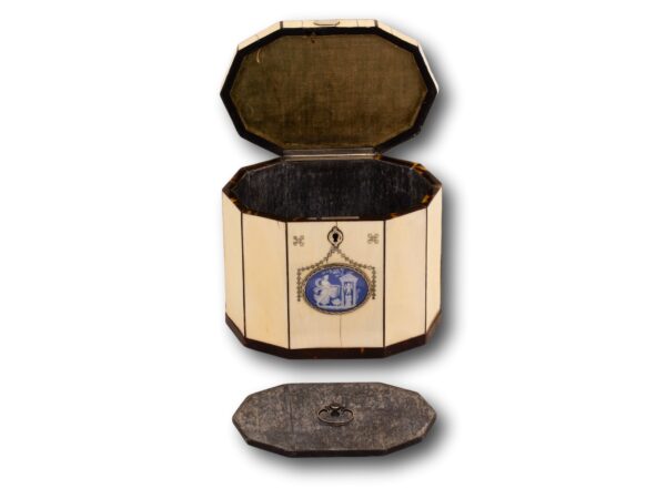 Front overview of the Georgian Ivory and Tortoiseshell Tea Caddy with the lid up and caddy lid removed