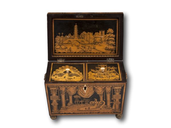 Front overview of the Chinoiserie Penwork Tea Caddy with the lid up