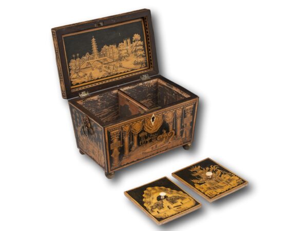 Front overview of the Chinoiserie Penwork Tea Caddy with the lid up and caddy lids removed