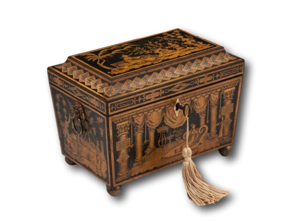 Front overview of the Chinoiserie Penwork Tea Caddy with the key fitted