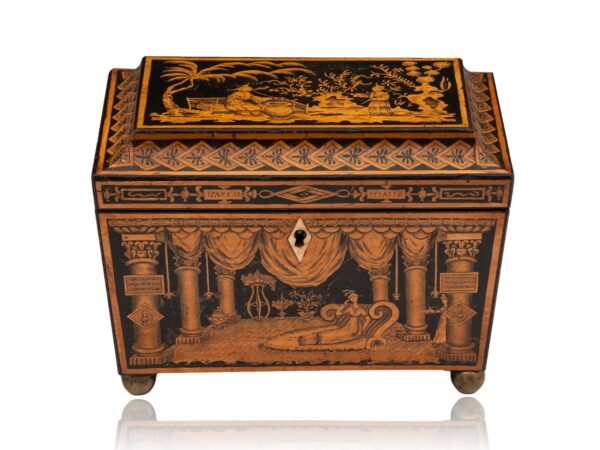 Front overview of the Chinoiserie Penwork Tea Caddy