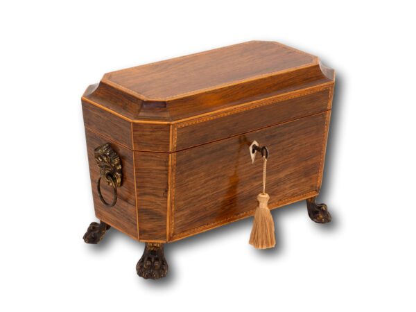 Front overview of the Antique Rosewood Tea Chest with the key fitted