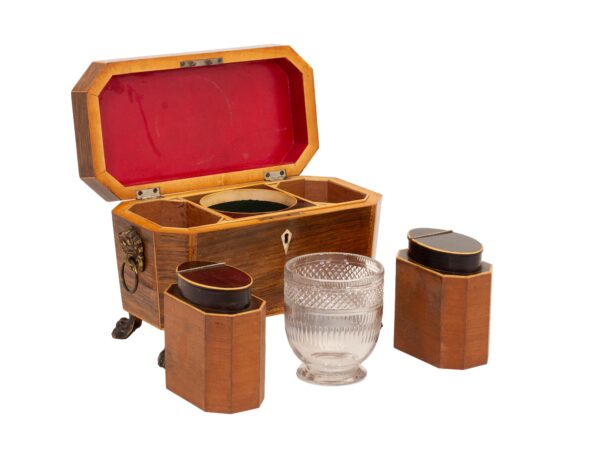 Front overview of the Antique Rosewood Tea Chest with the lid up and contents removed