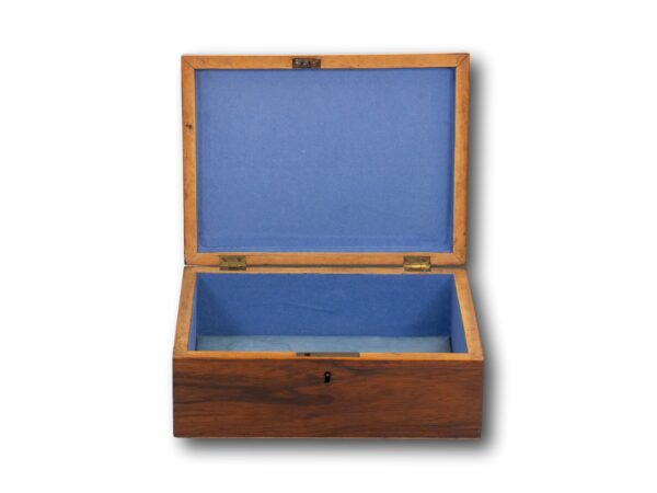 Front of the Rosewood Tunbridge Ware Work Box with the lid up