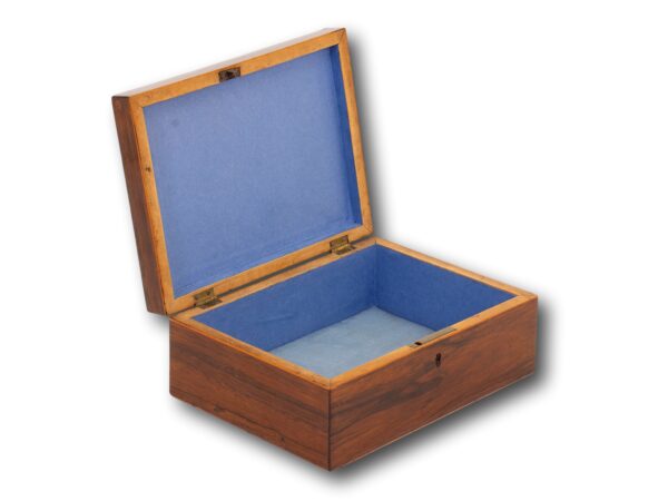 Front overview of the Rosewood Tunbridge Ware Work Box with the lid up