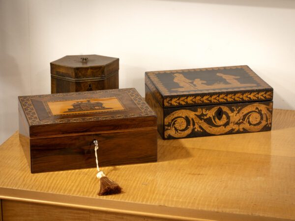 Lifestyle shot of the Rosewood Tunbridge Ware Work Box