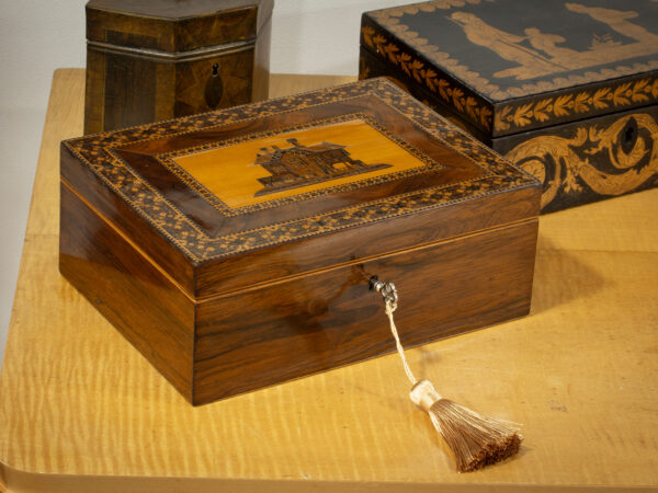 Lifestyle shot of the Rosewood Tunbridge Ware Work Box