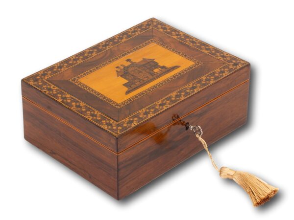 Front overview of the Rosewood Tunbridge Ware Work Box with the key fitted