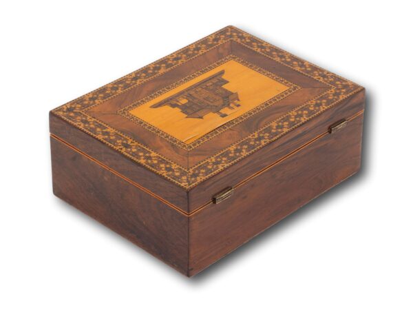 Rear overview of the Rosewood Tunbridge Ware Work Box