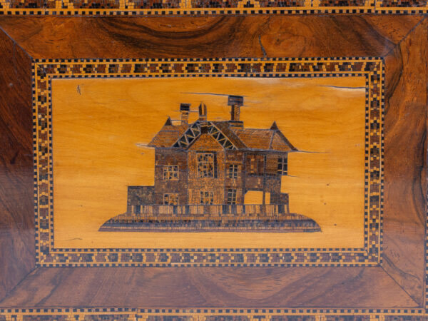 Close up of the Cottage inlay to the lid of Rosewood Tunbridge Ware Work Box