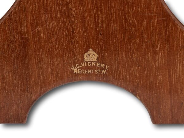 Close up of the J. C. Vickery makers mark on the rear of the Rear of the Antique Boulle Photo Frame Vickery