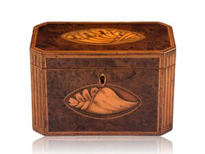 Front of the Burr Yew Shell Inlaid Tea Caddy