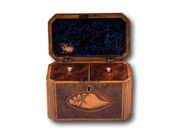 Front of the Burr Yew Shell Inlaid Tea Caddy with the lid up