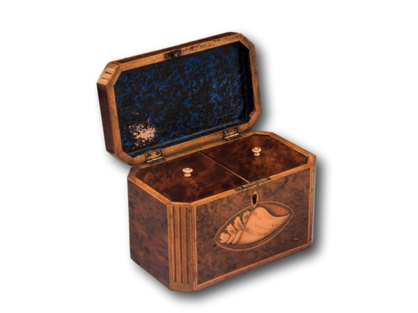 Front overview of the Burr Yew Shell Inlaid Tea Caddy with the lid up