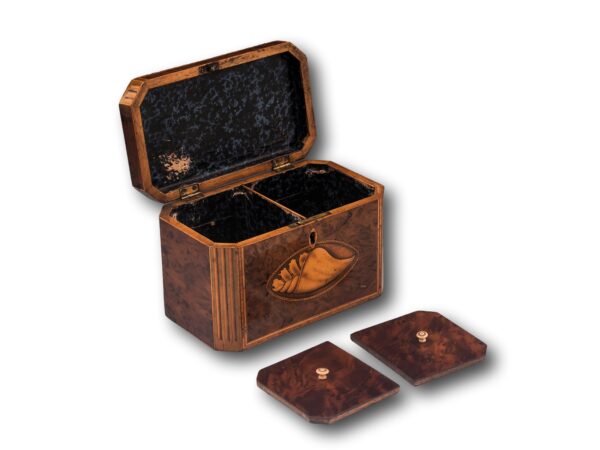 Overview of the Burr Yew Shell Inlaid Tea Caddy with the lid up and caddy lids removed