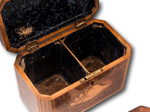 Inside of the Burr Yew Shell Inlaid Tea Caddy compartments