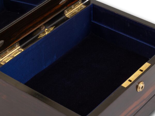 Close up of the larger storage area in the Antique Coromandel Jewellery Box