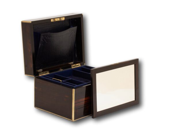 Front overview of the Antique Coromandel Jewellery Box with the lid up and mirror removed