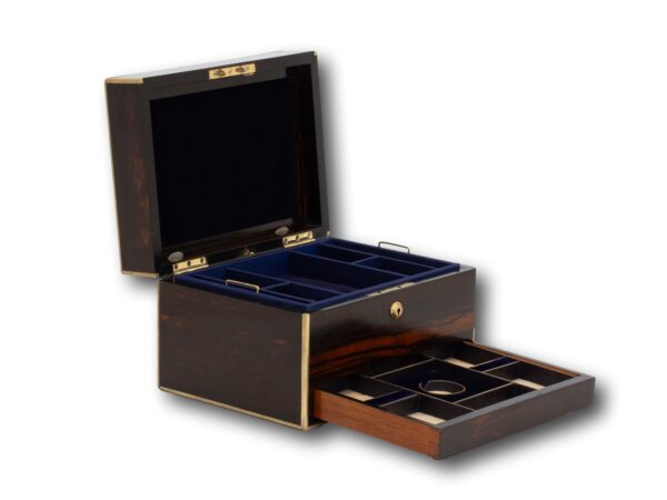 Front overview of the Antique Coromandel Jewellery Box with the lid up and drawer open