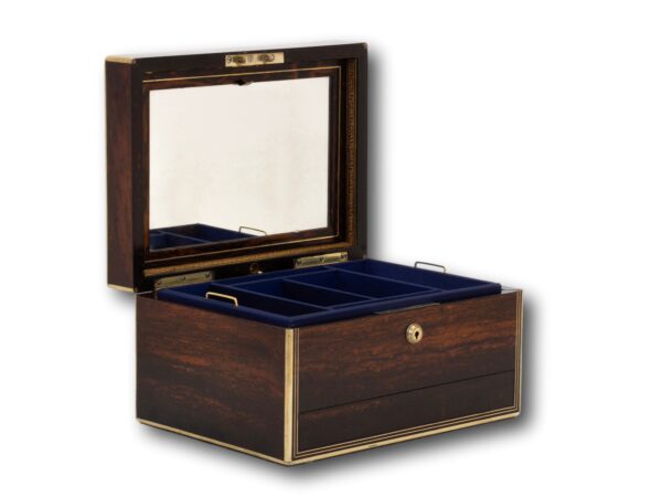 Front overview of the Antique Coromandel Jewellery Box Austin Dublin with the lid up and the mirror showing