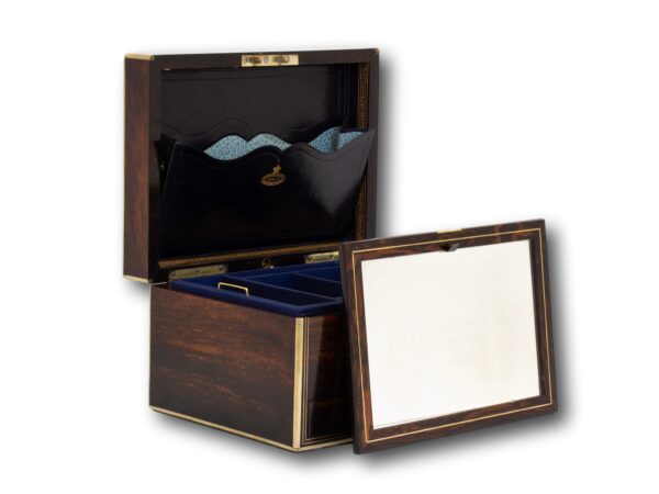 Front overview of the Antique Coromandel Jewellery Box Austin Dublin with the lid up and the mirror removed