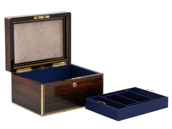 Front overview of the Antique Coromandel Jewellery Box Austin Dublin with the top tray removed