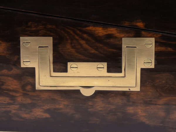 Close up of the flush mounted brass handles on the Antique Coromandel Writing Box Fisher