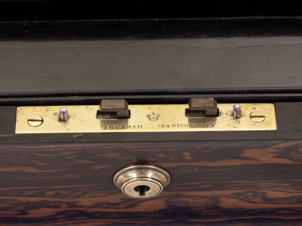 Close up of the Bramah lock plate in the Antique Coromandel Writing Box Fisher