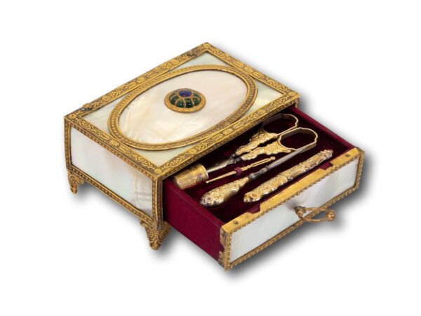 Front overview of the Palais Royal Necessaire Sewing Box with the drawer open