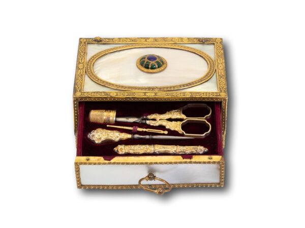 Front of the Palais Royal Necessaire Sewing Box with the drawer open