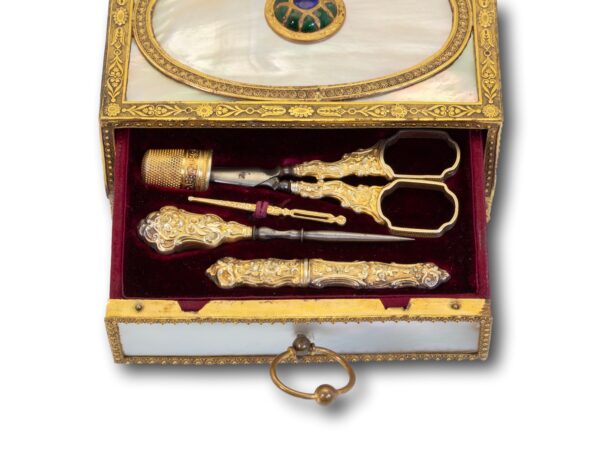 Close up of the drawer of the Palais Royal Necessaire Sewing Box