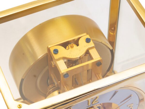 Close up of the top and reference number on the Jaeger-LeCoultre Early Atmos Clock