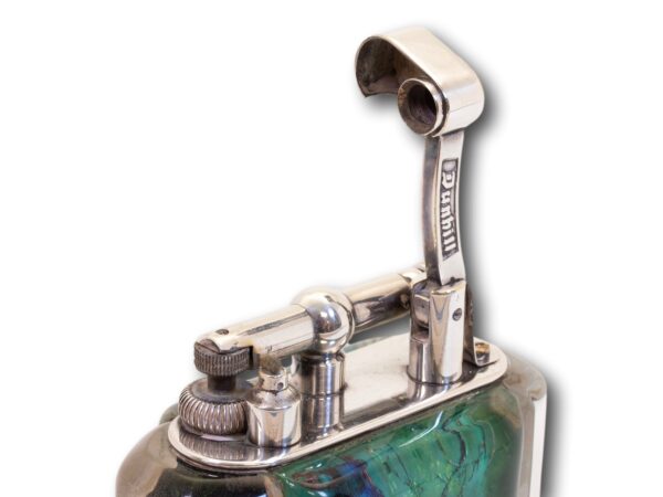 Close up of the Dunhill Aquarium Half-Giant Table Lighter with the arm lifted